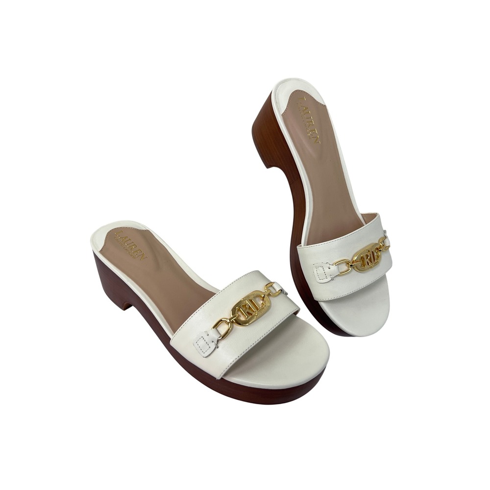 Lauren Ralph Lauren Slide Sandals Womens 8 White Excellent Gold Logo Platform